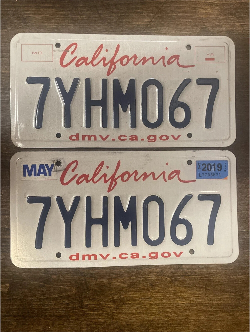 California License Plate Pair Expired 2018 7YHM067 Sign Retro Embossed CA Cali